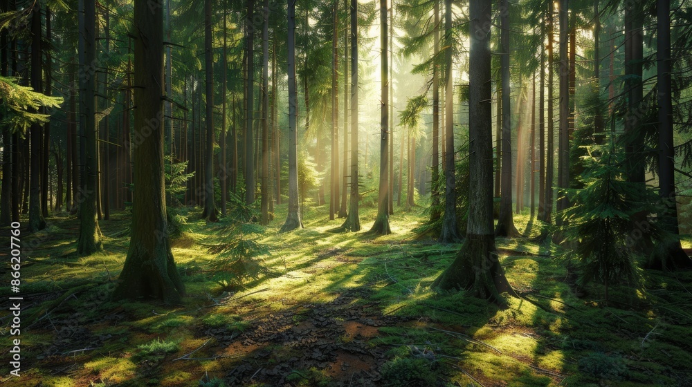 Poster a dense forest with sunlight streaming through the tall trees, casting long shadows on the forest fl