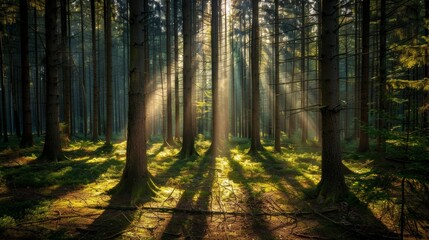 Obraz premium A dense forest with sunlight streaming through the tall trees, casting long shadows on the forest floor