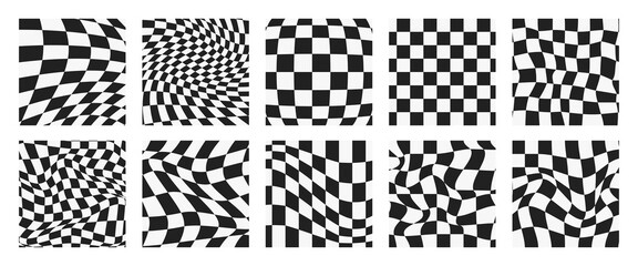 Psychedelic Checkerboard. Groovy hippie 70s backgrounds set. Trippy checkered wallpaper. Retro vector illustration in Y2k style. Monochrome distorted pattern.