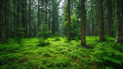 Obraz premium A dense, green forest floor with a mix of old spruce, fir, and pine trees creating a natural canopy