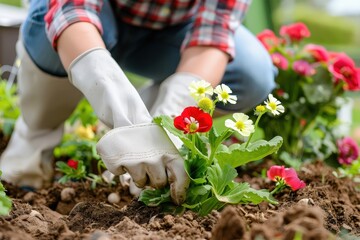 Fototapeta premium Close-up of a gardener's hands wearing gloves, planting colorful flowers in a garden bed, showcasing care and gardening.