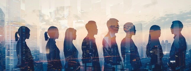 Double exposure of business silhouettes and cityscape with skyscrapers, representing a professional team working together in a modern urban environment.