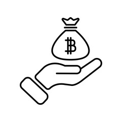 Bitcoin money bag. Cash payment hand holding BTC money icon. Easy editable vector design.