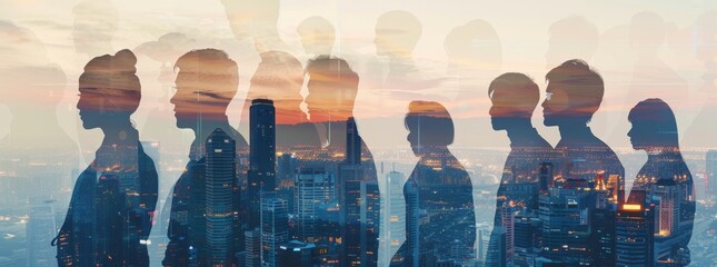 Double exposure of business silhouettes and cityscape with skyscrapers, representing a professional team working together in a modern urban environment.