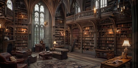 Fototapeta premium A Grand Library Filled with Books and Light