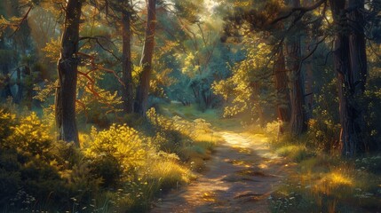 Obraz premium A forest trail with sunlight dappling the ground, leading to a sunlit meadow beyond