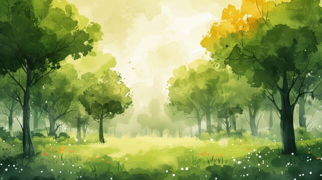 A sunlit forest clearing with green trees and a field of wildflowers.