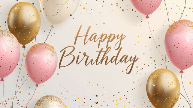 Festive birthday card with gold and pink balloons, and glitter confetti. Perfect for celebrating someone's special day.