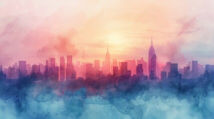 Silhouette of a city skyline at sunrise with a colorful watercolor background.