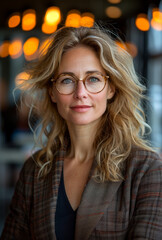Obraz premium A woman with long blonde hair and glasses is smiling for the camera. She is wearing a brown jacket and a black shirt