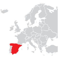 Map of Spain highligted with red in Europe map