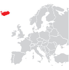 Map of Iceland highligted with red in Europe map
