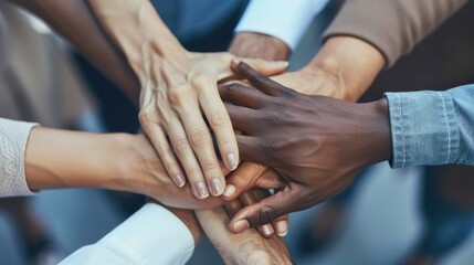 A group of multiethnic businesspeople stacking hands as concept of diversity, equality and unity. Diverse community concept.