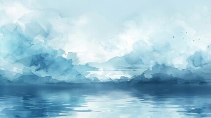 Fototapeta premium Abstract watercolor painting of a tranquil blue sky and water reflecting the clouds.