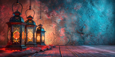 A group of Ramadan lanterns hanging on the left side on an empty background.