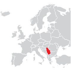 Map of Serbia highligted with red in Europe map