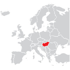 Map of Hungary highligted with red in Europe map.
