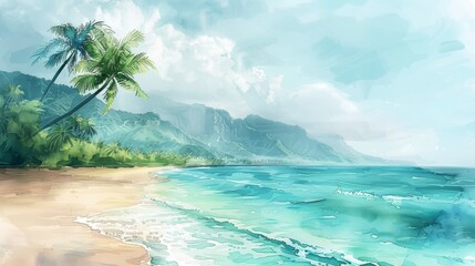 Watercolor painting of a tropical beach with palm trees, mountains, and blue ocean waves.