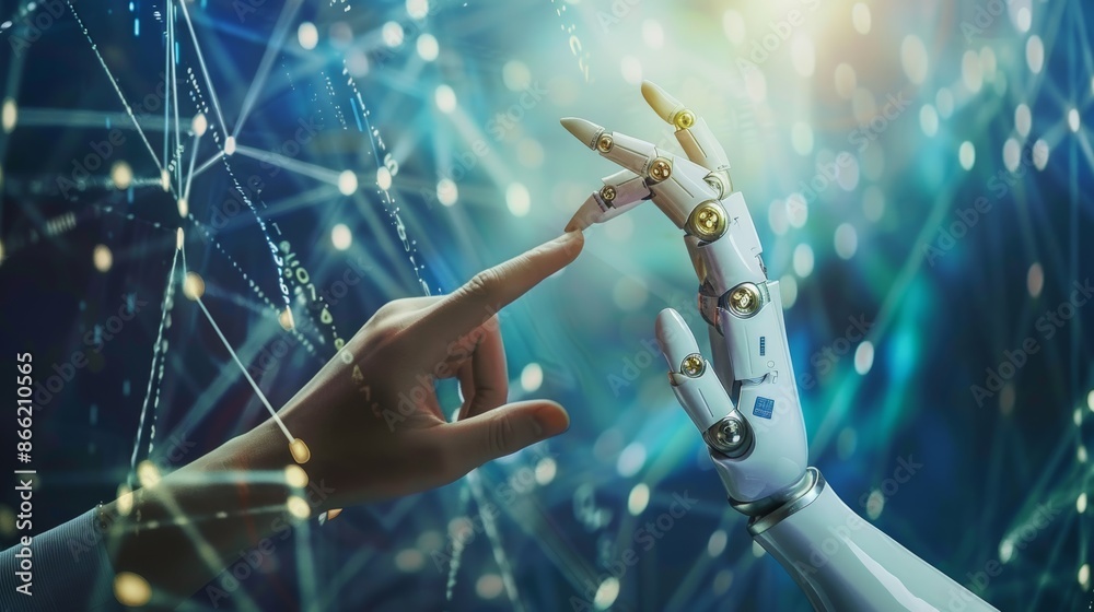 Poster A human hand and a robot hand reaching out towards each other with a backdrop of digital waves and binary code, highlighting AI's future potential