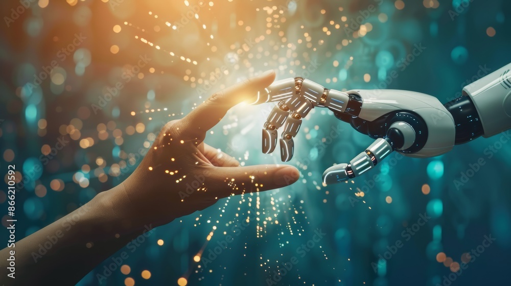 Poster A human hand and a robot hand reaching out towards each other with a backdrop of digital waves and binary code, highlighting AI's future potential