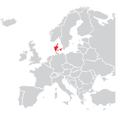 Map of Denmark highligted with red in Europe map