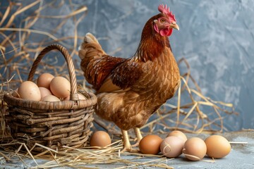 Hen with Basket of Fresh Eggs on Straw