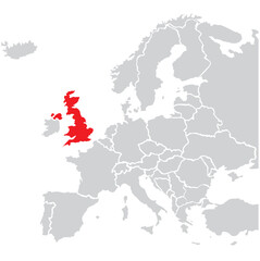 Map of United Kingdom highligted with red in Europe map