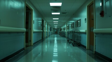 A long, quiet hospital corridor with dimmed evening lighting, clean floors, and medical trolleys neatly parked along the walls.