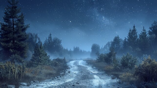 A lonely rural road under a starless sky, surrounded by tall trees and the faint glow of moonlight.