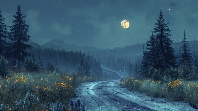 A lonely rural road under a starless sky, surrounded by tall trees and the faint glow of moonlight.