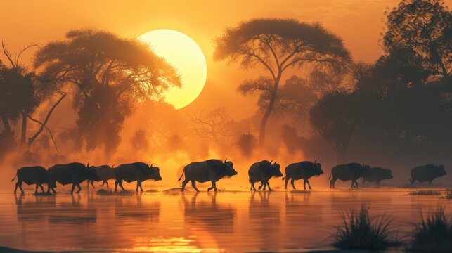 A herd of water buffalos walking in the african sunrise at a foggy pond