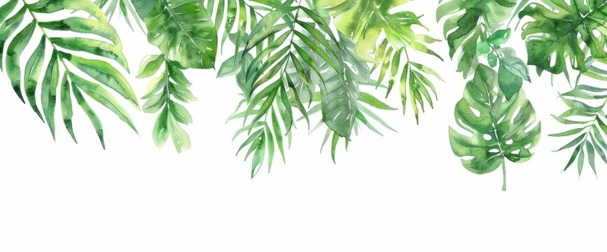 Fototapeta Tropical leaves watercolor illustration on white background with space for text, perfect for travel and beauty themes