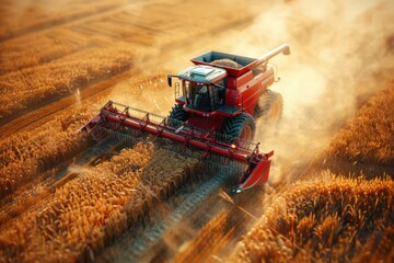 Fototapeta premium Combine Harvester Working in a Golden Wheat Field