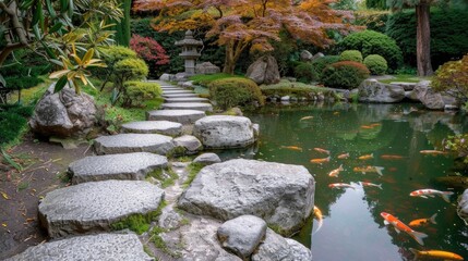 A Japanese garden with a serene rock pathway and a koi pond