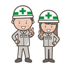 笑顔でピースをする男女工事作業員の全身イラスト