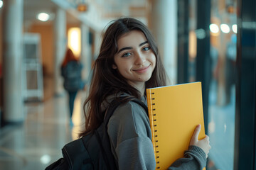 Smiling young woman with long hair holding yellow notebook and black backpack