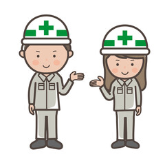 説明（案内、紹介）をする男女工事作業員の全身イラスト