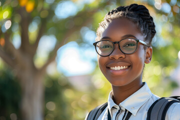 Beautiful black high school girl wearing glasses and carrying a backpack