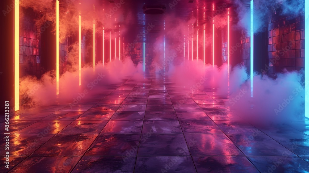 Poster A neon-lit dance floor with smoke machines creating a dynamic and colorful environment.