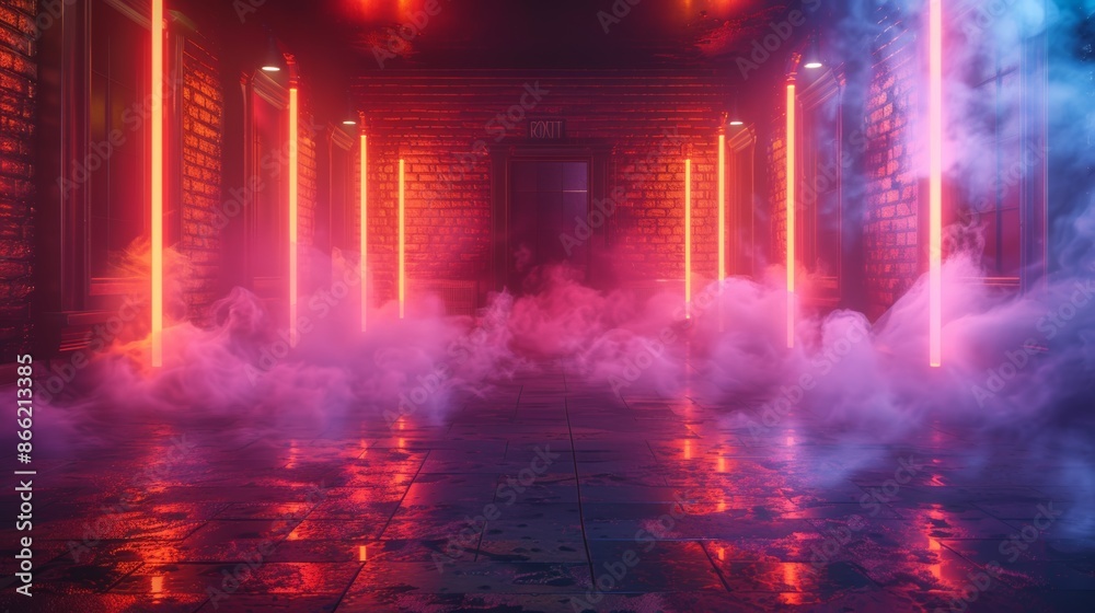 Poster A neon-lit dance floor with smoke machines creating a dynamic and colorful environment.