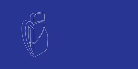 The outline of a large travel backpack symbol made of white lines on the left. 3D view of the object in perspective. Vector illustration on indigo background