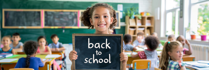 A young girl holding a large sign that says "back to school" stands in front of her classroom full of children sitting at desks and smiling for the camera
