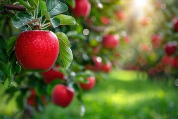 Obraz premium Ripe Red Apple on Tree in Sunlight