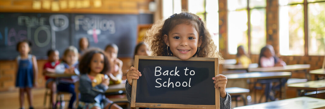 A young girl holding a large sign that says "back to school" stands in front of her classroom full of children sitting at desks and smiling for the camera
