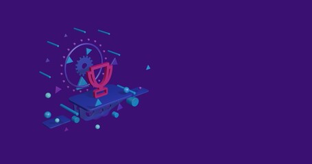 Pink trophy symbol on a pedestal of abstract geometric shapes floating in the air. Abstract concept art with flying shapes on the left. 3d illustration on deep purple background