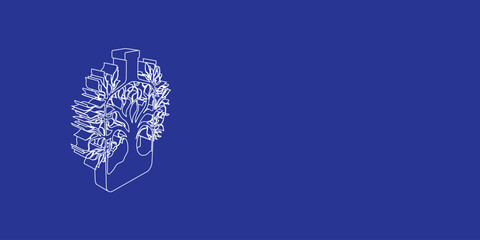The outline of a large mystical tree in bottle symbol made of white lines on the left. 3D view of the object in perspective. Vector illustration on indigo background