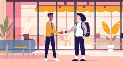 A new hire being greeted with a handshake by a cheerful young manager, set against a backdrop of a modern office