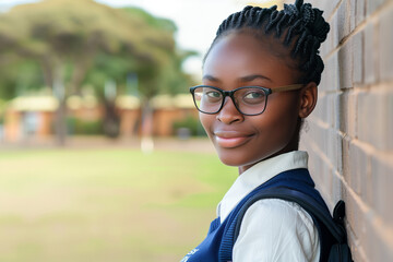Beautiful black high school girl wearing glasses and carrying a backpack