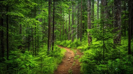 A path winding through a forest of tall spruce, fir, and pine trees, surrounded by vibrant green foliage