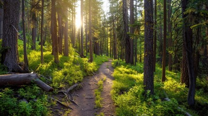 A path winding through a forest of tall spruce, fir, and pine trees, surrounded by vibrant green foliage